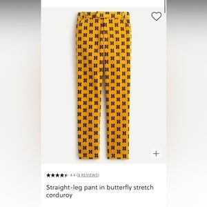 J Crew yellow corduroy ladies pants with navy and maroon moths.